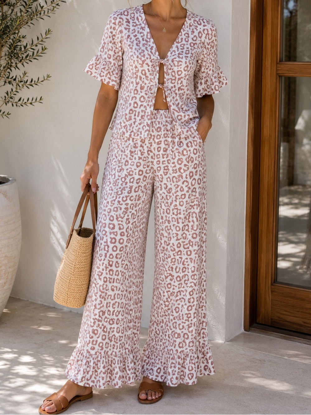Women’s Xuan 2-Piece Animal Print Matching Set Blouse & Wide Leg Pants L